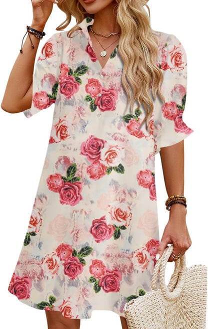 Womens Summer Shirt Mini Dresses with Pockets