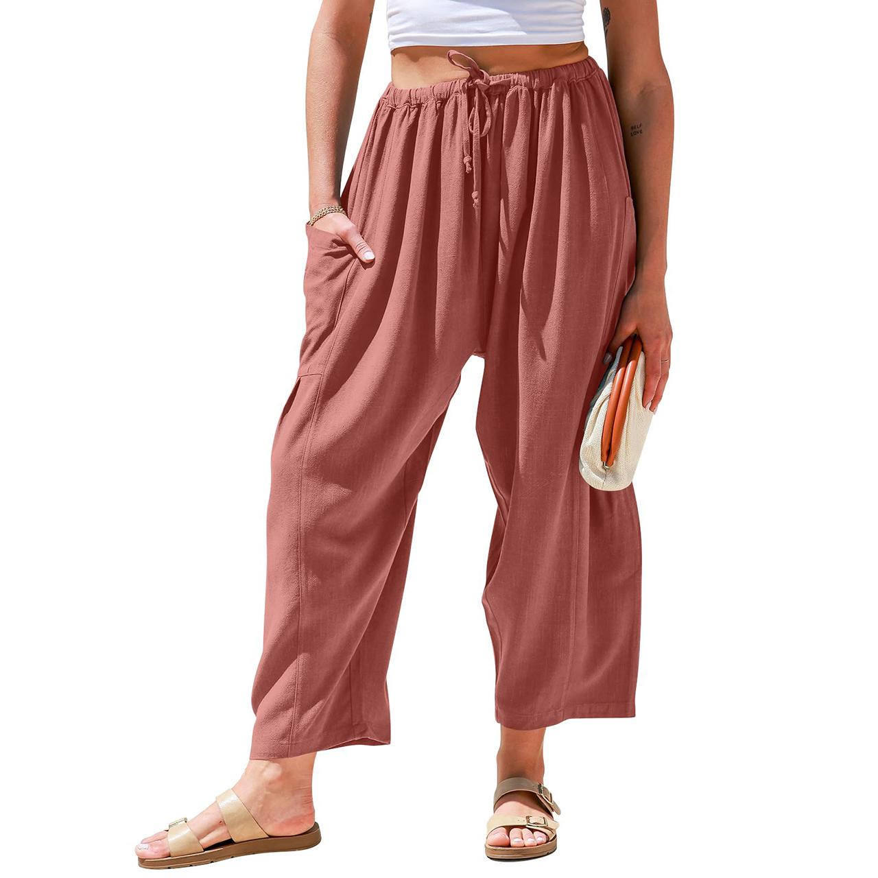 Womens Linen Blend Wide Leg Pants