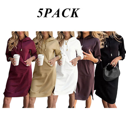 Solid Color Knitted Sweatshirt Hoodie Shift Dress