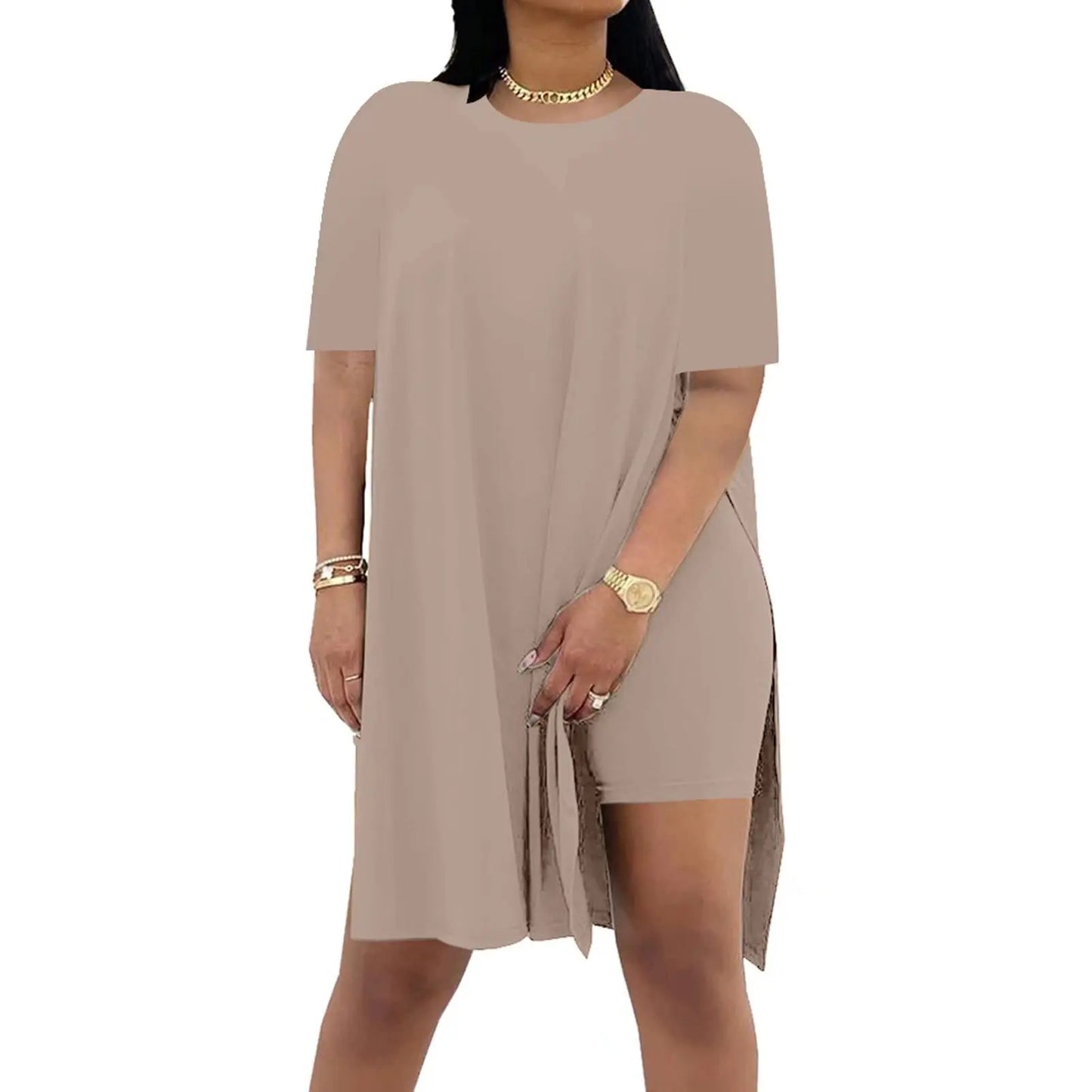 Plus Size Summer Outfit Side Slit Tunic Top & Biker Shorts Set