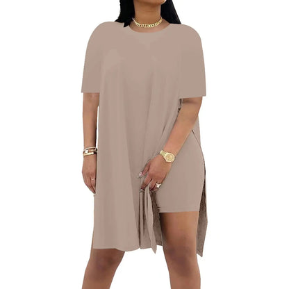 Plus Size Summer Outfit Side Slit Tunic Top & Biker Shorts Set