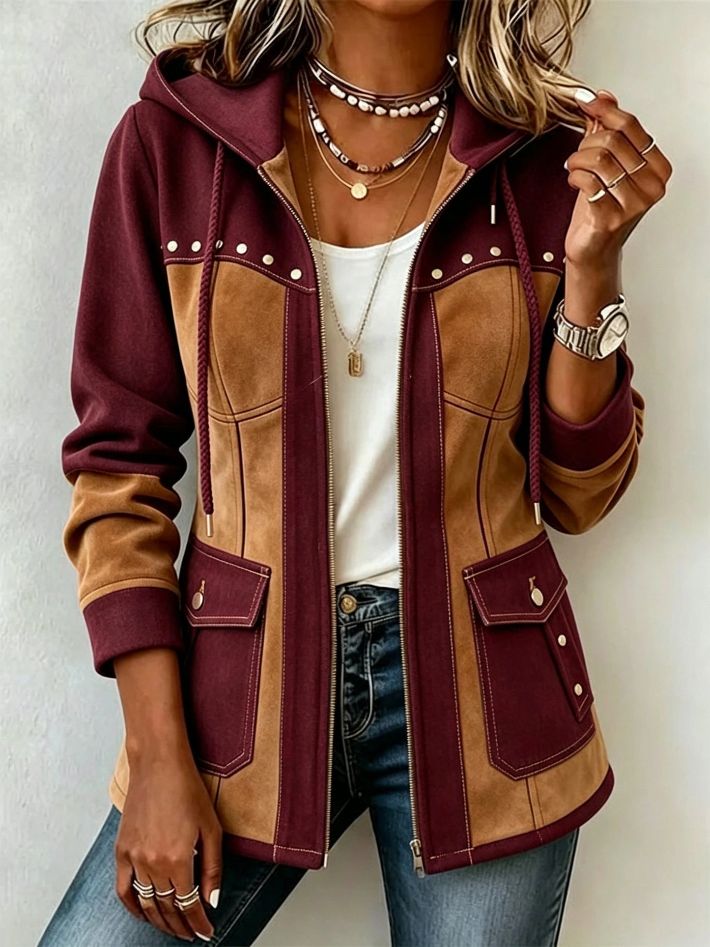 Denim Patchwork Suede Hooded Jacket