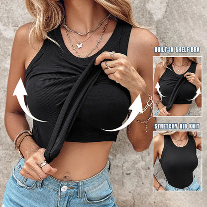 This Week's Special Price🍃Round Neck Built-in Bra Ribbed Tank Top Fit Casual Comfortable💥