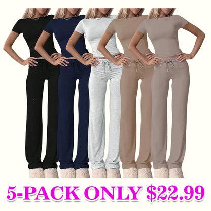Women's Solid Modal Loungewear Two-Piece Pajama Set, Casual Comfy Soft Round Neck Short Sleeve Tee & Drawstring Pants Set, Ladies Sleepwear for Spring & Fall