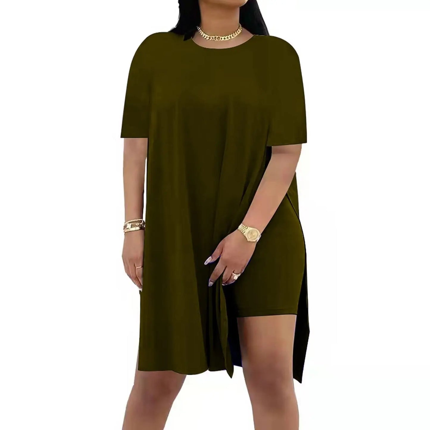 Plus Size Summer Outfit Side Slit Tunic Top & Biker Shorts Set