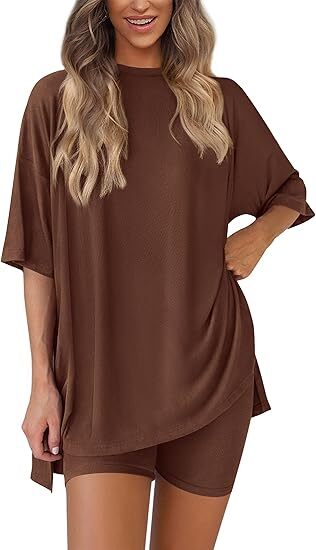 🔥Women's Two Piece Lounge Set Summer Casual Oversized Shirts Biker Shorts Matching Airport Travel Outfit