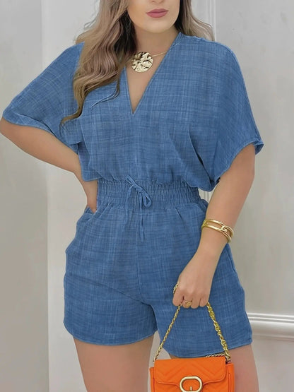 Women's Plain Drawstring Shirred Waist Fitted V Neck Romper