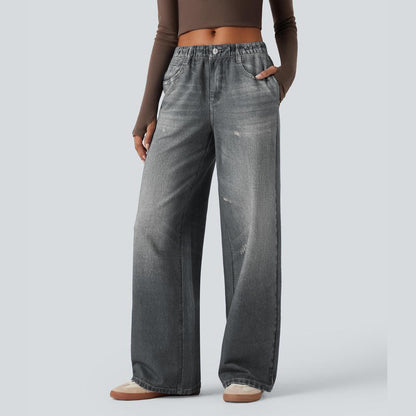 Mid Rise Denim Print French Terry Casual Sweatpants Jeans with Pockets