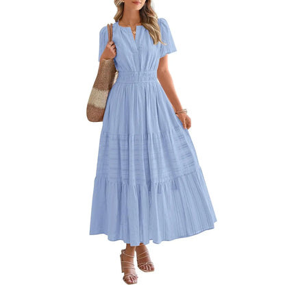 Women's Summer 2026 Casual Maxi Dress Lightweight Short Sleeve V Neck Boho Dress with Pockets