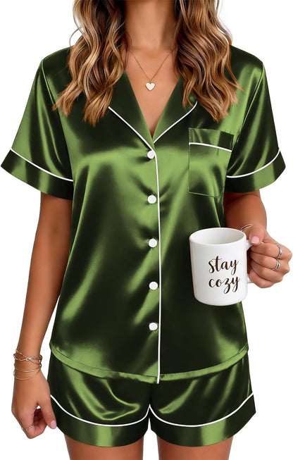 🔥Women's Silk Pajamas for Women Short Sleeve Button Down Sleepwear