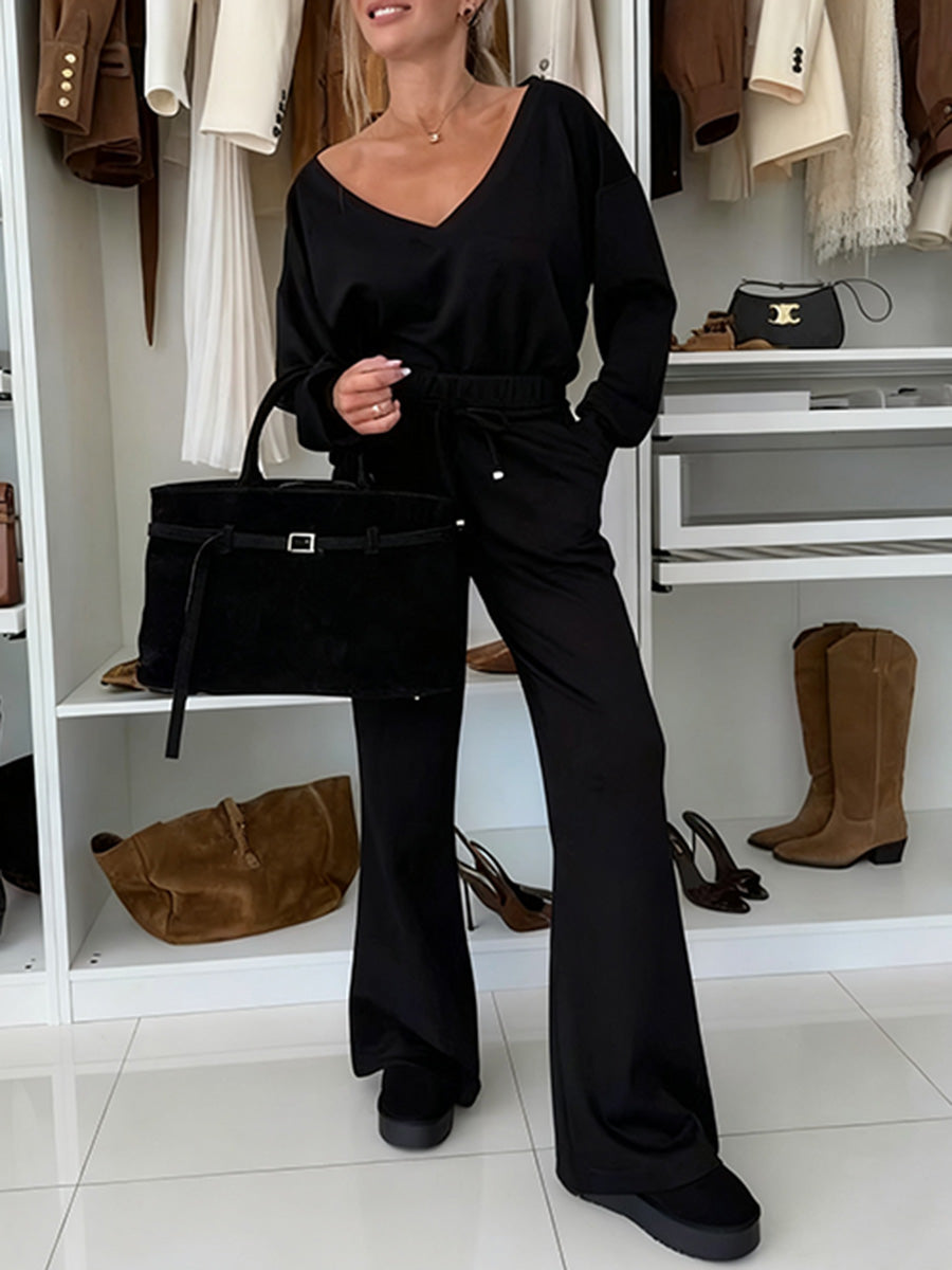 Autumn And Winter Solid Color Knitted V-Neck Top & Pants Set