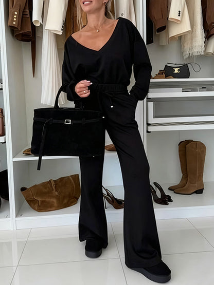 Autumn And Winter Solid Color Knitted V-Neck Top & Pants Set