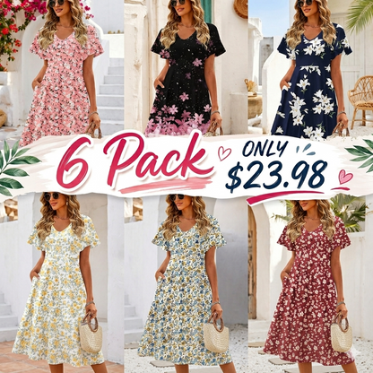 Casual Swing Floral Ruffle Short Sleeve Sundresses Mini A-line Shift Dress