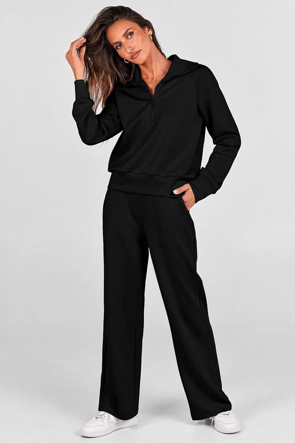 Women's 2 Piece Outfits Casual Lapel Half Zip Sweatshirts And Wide Leg Pants Tracksuit Sets