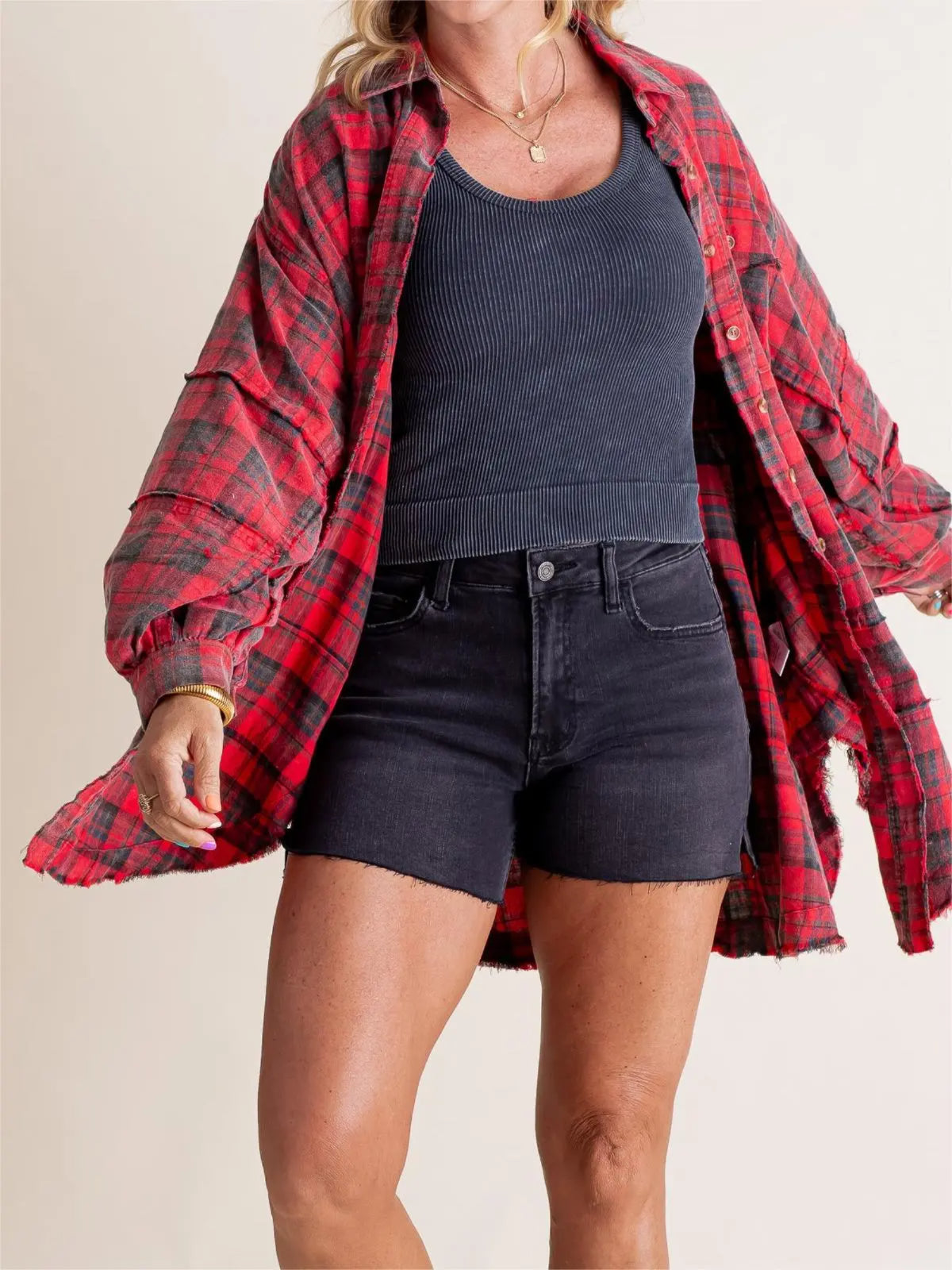 ⏰Hot Sale-Women's Seams Raw Edge Washed Oversized Shirt Jacket with Pockets 🔥New arrivals at special price🔥