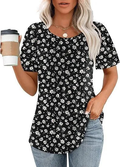 Women's T Shirts Short Sleeve Pleated Dressy Casual Scooped Neck Summer Tops Blouses