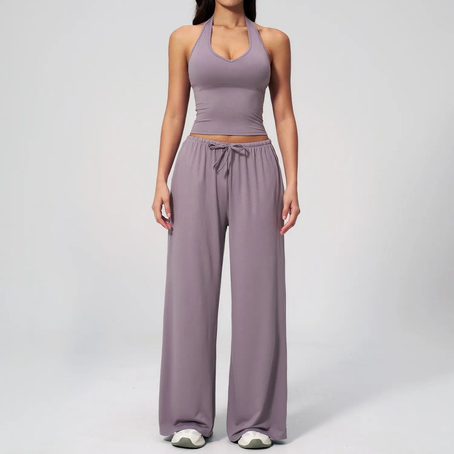 Women's Quick-Drying Athleisure Outfits - Adjustable V-Neck Strappy Top & Wide Leg Pants