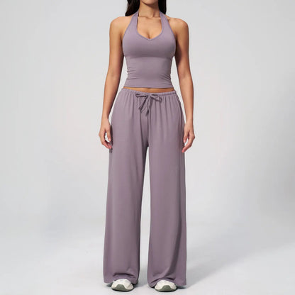 Women's Quick-Drying Athleisure Outfits - Adjustable V-Neck Strappy Top & Wide Leg Pants