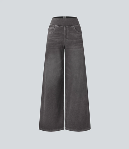 💝Last Day Promotion⚡High Waisted Multiple Pockets Baggy Wide Leg Washed Stretchy Knit Casual Jeans
