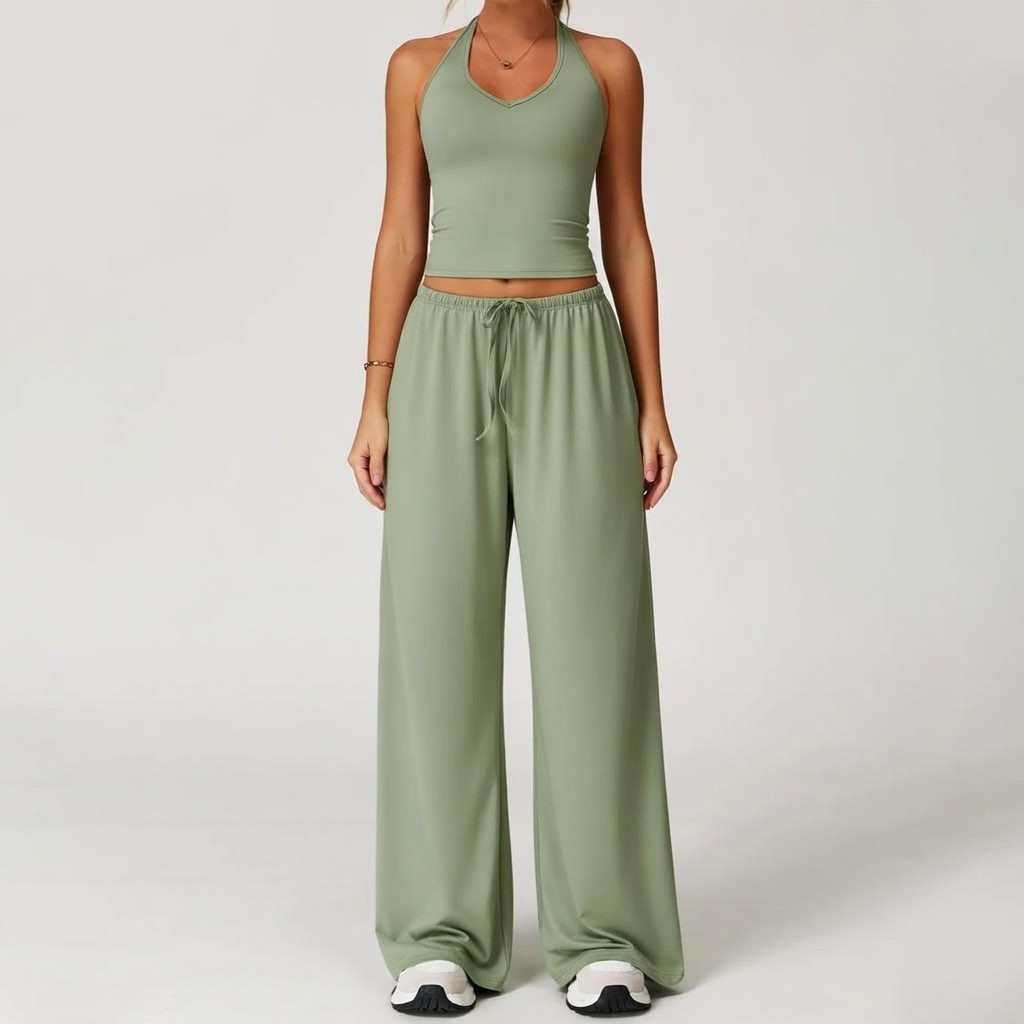 Women's Quick-Drying Athleisure Outfits - Adjustable V-Neck Strappy Top & Wide Leg Pants