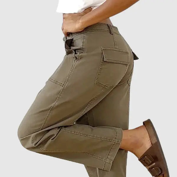 Solid Stitch Detail Mid Waist Baby Barrel Fit Deep Pockets Pants