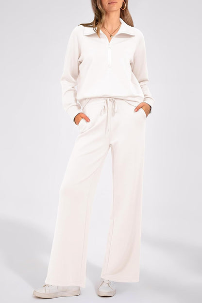Women's Outfits Casual Lapel Half Zip Sweatshirts And Wide Leg Pants Tracksuit Sets