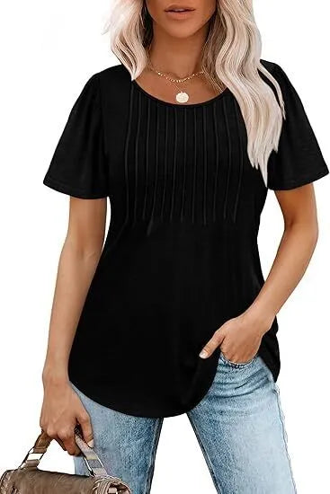 Women's T Shirts Short Sleeve Pleated Dressy Casual Scooped Neck Summer Tops Blouses