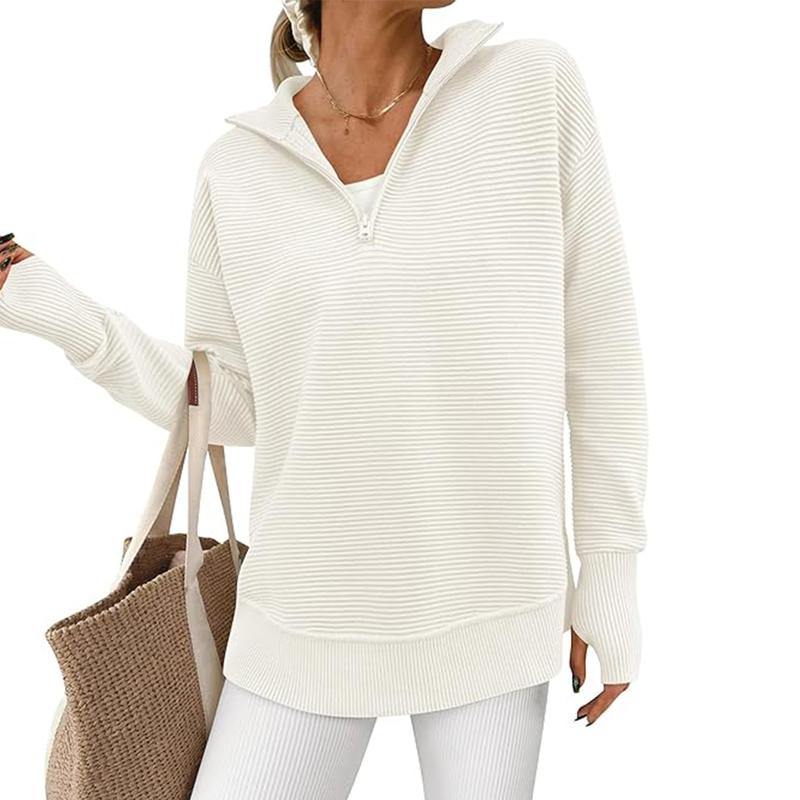 Women's Long Sleeve Quarter Zip Pullover Sweater Casual Loose V Neck Collared Ribbed Knit Jumper Tops Thumb Hole Cozy Ribbed Knit Soft Warm Trendy Colors for Every Season