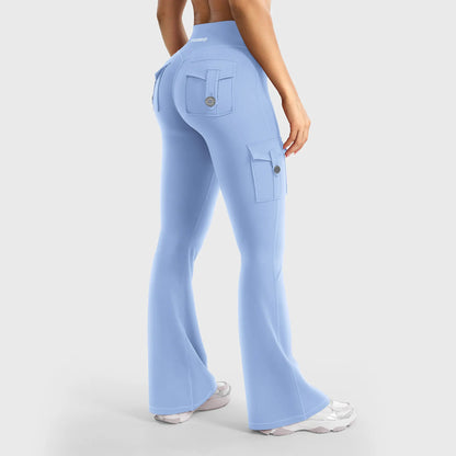 Women's Workout Flare Leggings with Pockets Hidden Scrunch High Waisted Cargo Gym Yoga No Front Seam Leggings Flared Joggers Fitness Outfit Camouflage Sports Pants