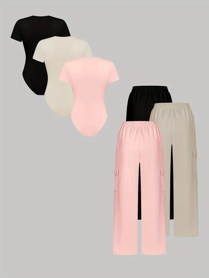 Women'S Casual  Print Short Sleeve Round Neck TightJumpsuit And Waist Tie Wide Leg Pants With Pockets Set