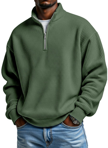 Men's casual loose-fitting simple zip-up stand collar long-sleeved polo shirt