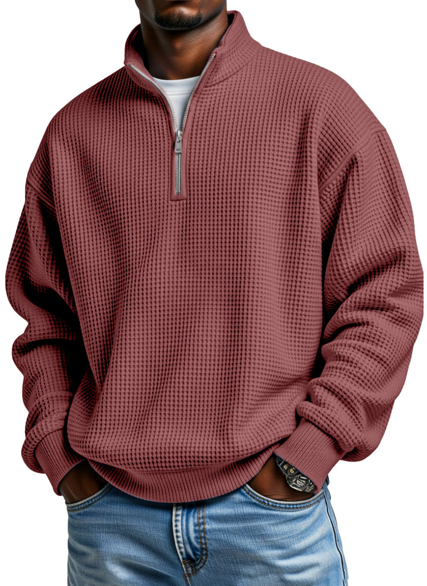 Men's casual loose-fitting simple zip-up stand collar long-sleeved polo shirt