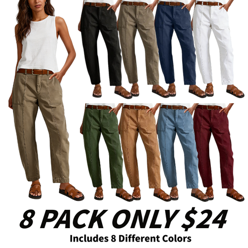 Solid Stitch Detail Mid Waist Baby Barrel Fit Deep Pockets Pants