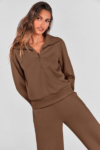 Women's Outfits Casual Lapel Half Zip Sweatshirts And Wide Leg Pants Tracksuit Sets