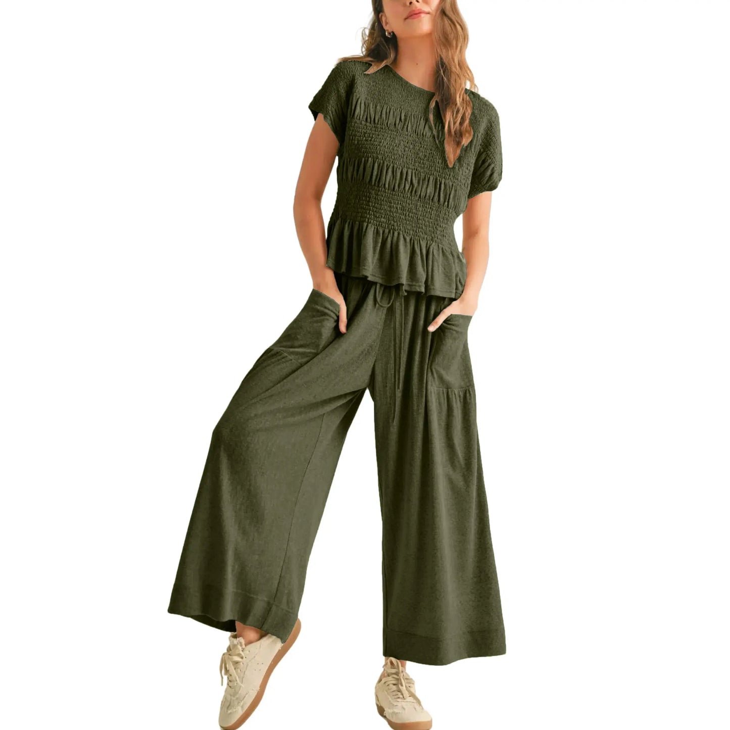 Women’s High-Waisted Lounge Outfit with Pockets Casual Boho Matching Set