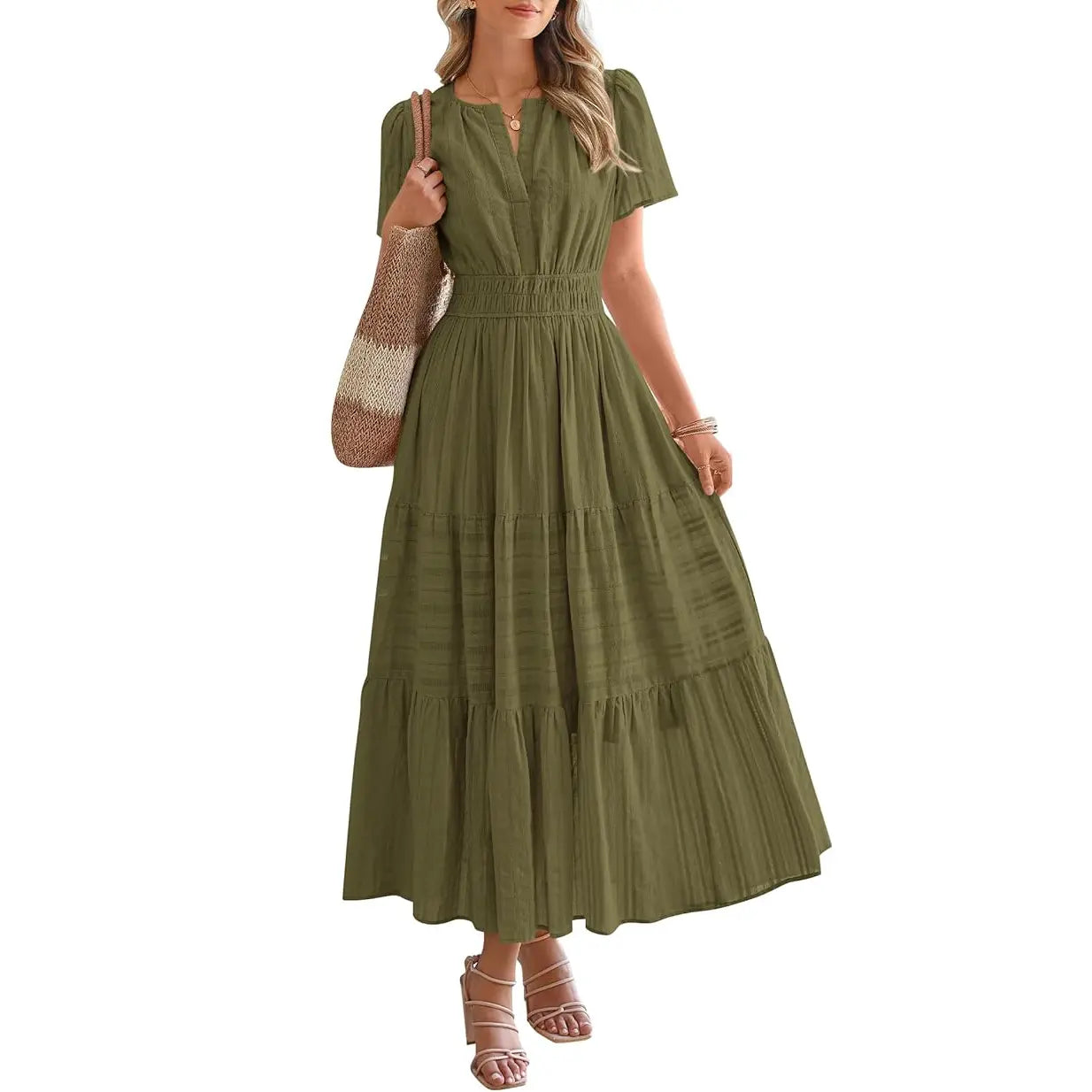 Women's Summer 2026 Casual Maxi Dress Lightweight Short Sleeve V Neck Boho Dress with Pockets