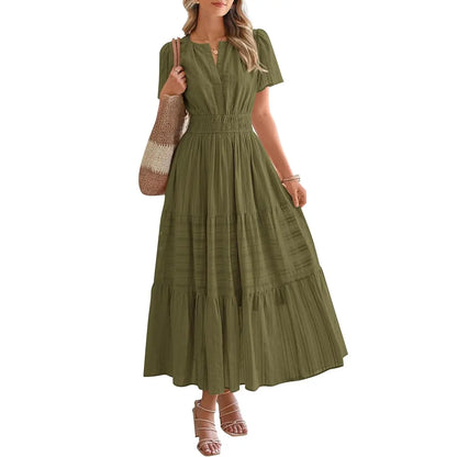 Women's Summer 2026 Casual Maxi Dress Lightweight Short Sleeve V Neck Boho Dress with Pockets