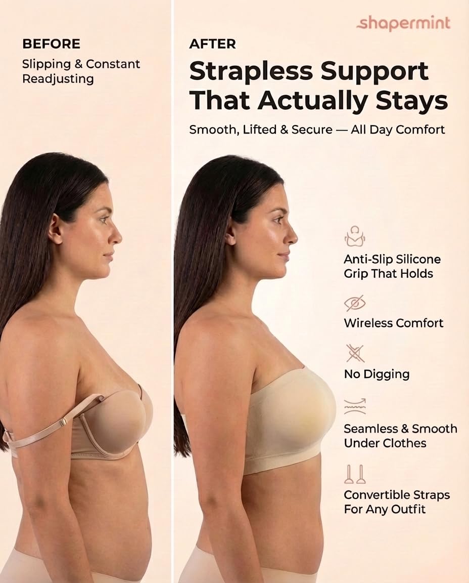 Truekind Wireless Strapless Bandeau Bra Anti-Slip Removable Convertible Straps