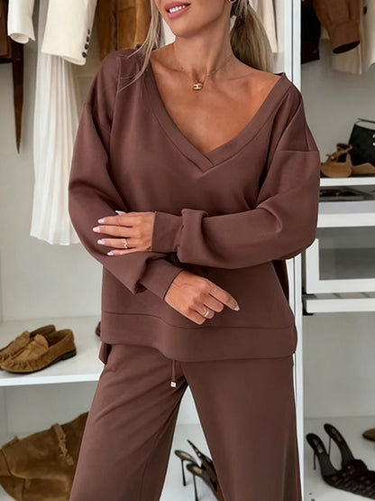 Autumn And Winter Solid Color Knitted V-Neck Top & Pants Set