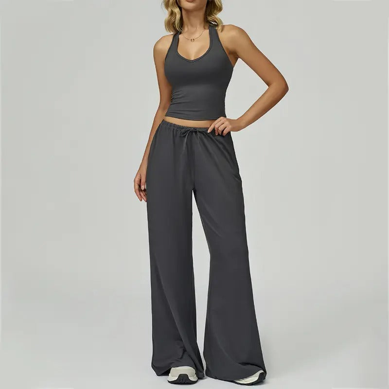 Women's Quick-Drying Athleisure Outfits - Adjustable V-Neck Strappy Top & Wide Leg Pants