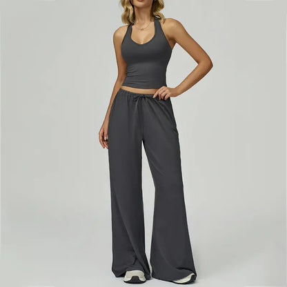 Women's Quick-Drying Athleisure Outfits - Adjustable V-Neck Strappy Top & Wide Leg Pants