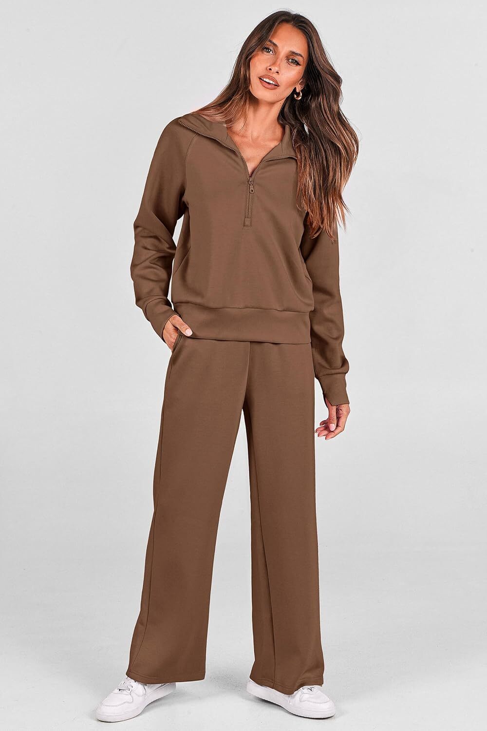 Women's Outfits Casual Lapel Half Zip Sweatshirts And Wide Leg Pants Tracksuit Sets