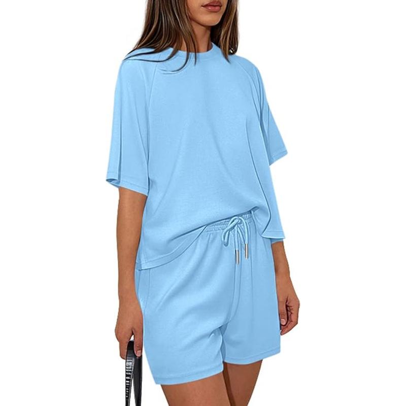 Women‘s Lounge Sets Short Sleeve Shirts Workout Tops Shorts Matching Clothing Summer Vacation Outfits