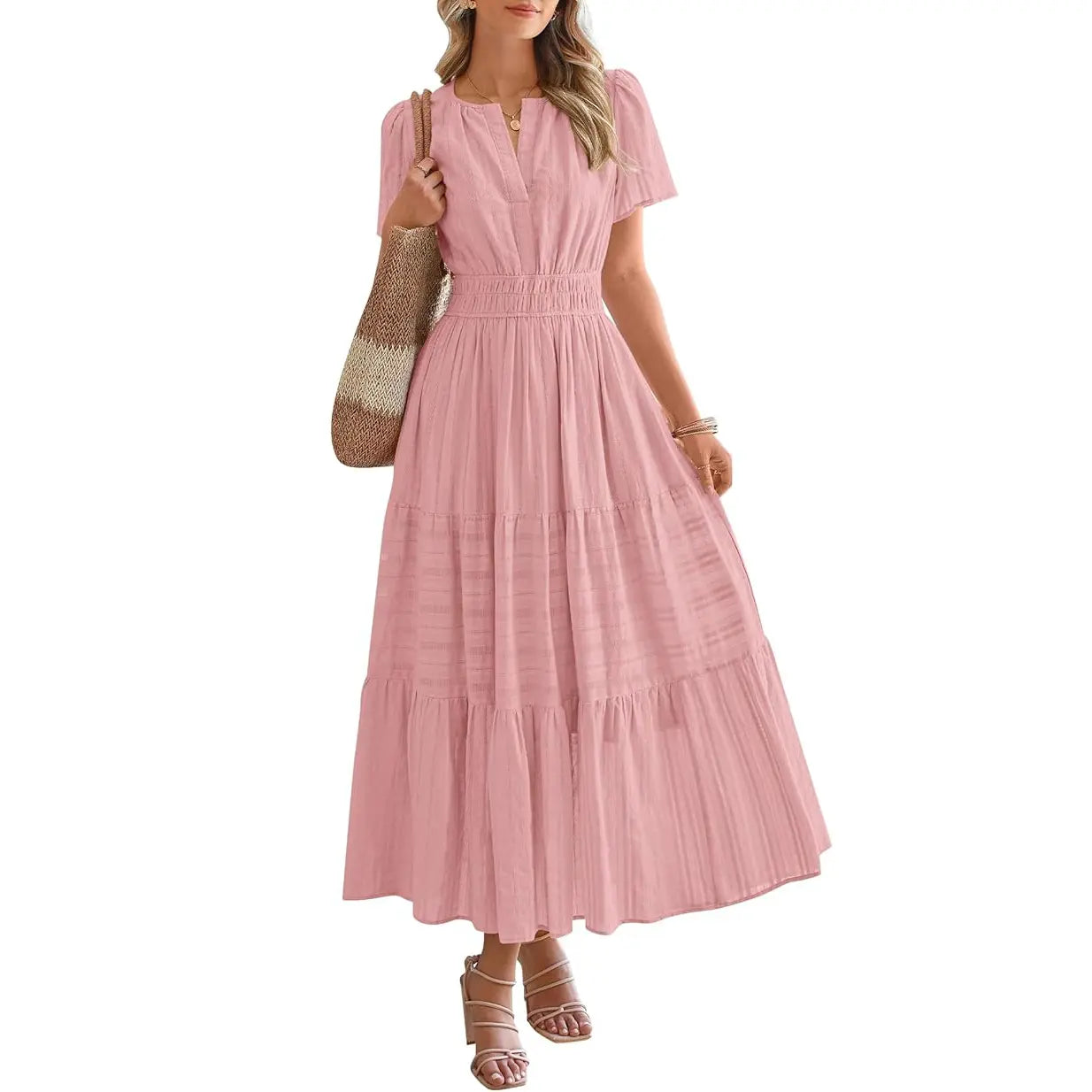 Women's Summer 2026 Casual Maxi Dress Lightweight Short Sleeve V Neck Boho Dress with Pockets