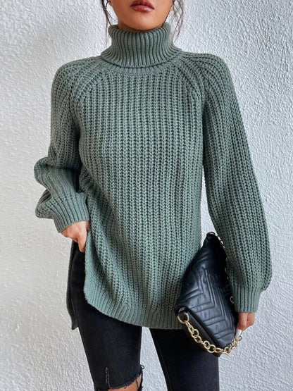 💥Last day only $37.99📢 Long Sleeves Loose Solid Color Split-Side High Neck Pullovers Sweater Tops
