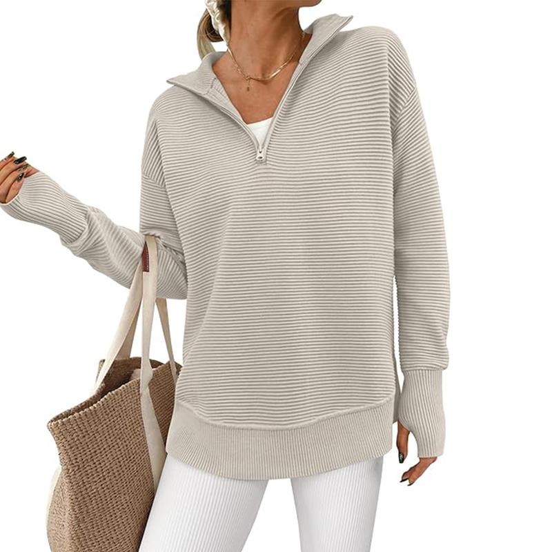 Women's Long Sleeve Quarter Zip Pullover Sweater Casual Loose V Neck Collared Ribbed Knit Jumper Tops Thumb Hole Cozy Ribbed Knit Soft Warm Trendy Colors for Every Season