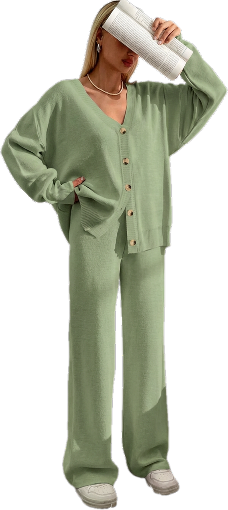 ⏰Final 2-Hour Clearance⚡ Women’s Button Front V-Neck Cardigan & Elastic Waist Wide-Leg Pants Set – Casual Cozy Knit Two-Piece Outfit for Fall & Winter