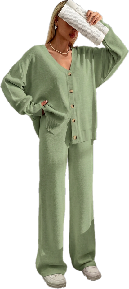 ⏰Final 2-Hour Clearance⚡ Women’s Button Front V-Neck Cardigan & Elastic Waist Wide-Leg Pants Set – Casual Cozy Knit Two-Piece Outfit for Fall & Winter