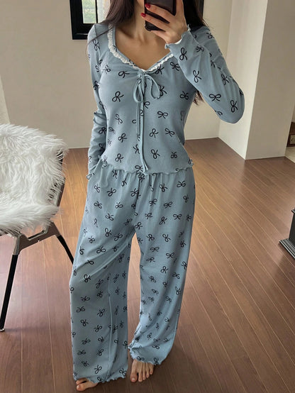 Women's Bow Print Long-Sleeve Lounge Pajama Set