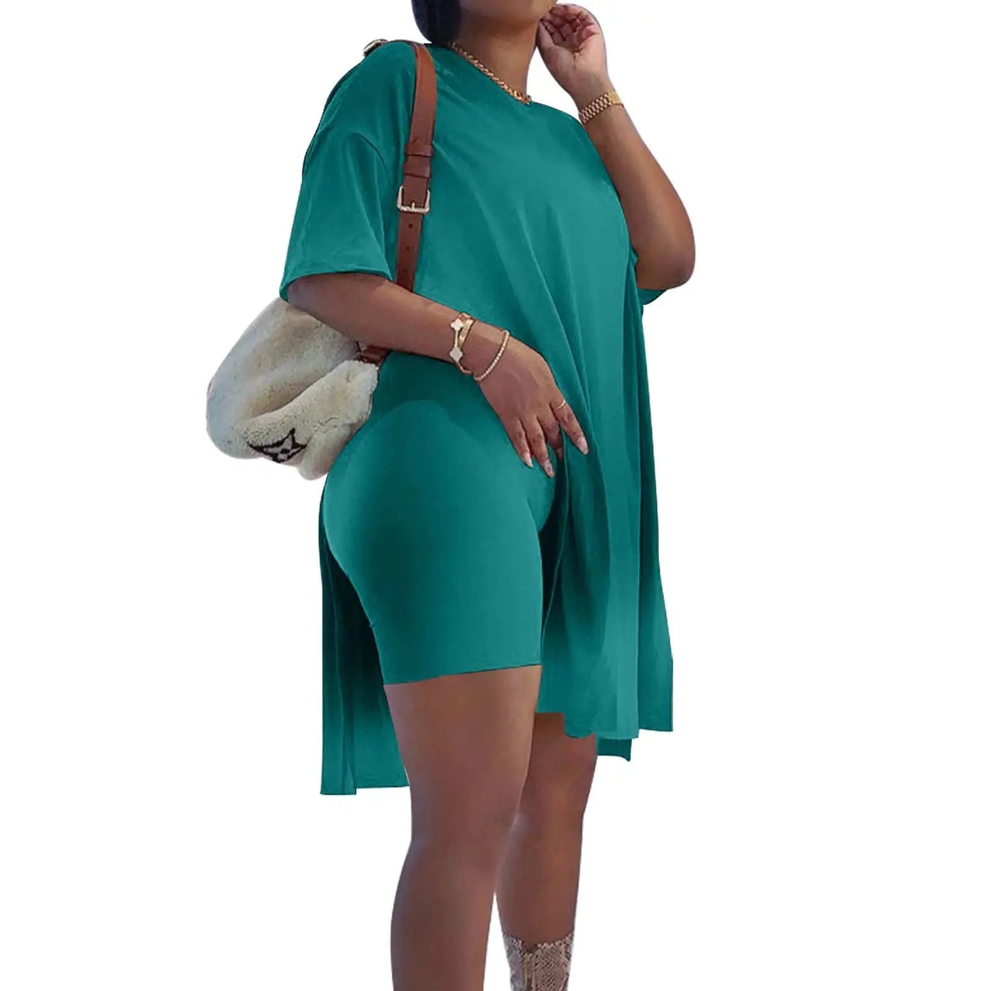 Plus Size Summer Outfit Side Slit Tunic Top & Biker Shorts Set